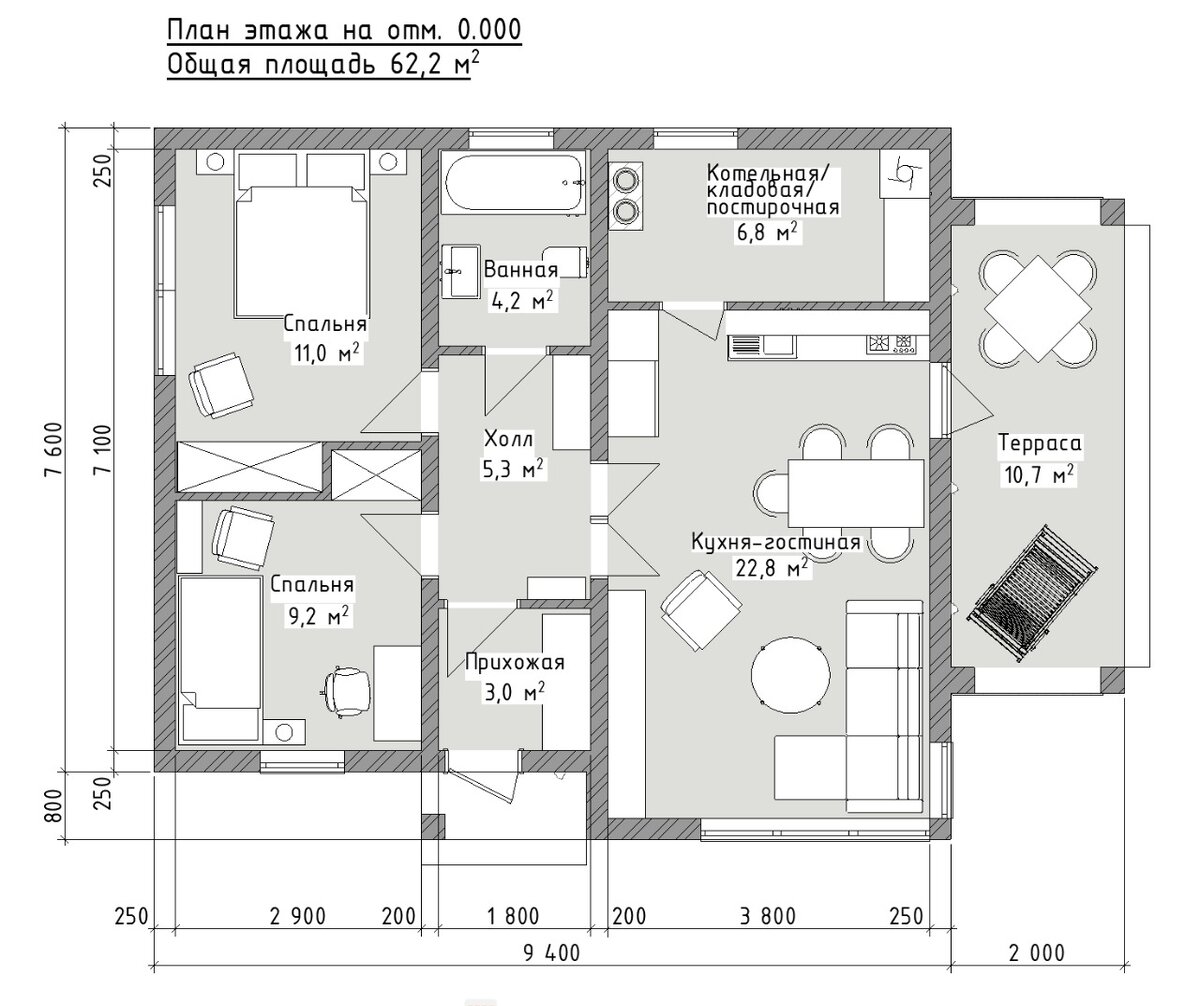 Планировка двухспаленного домика, общ площадь помещений внутри 62 м2, пятно застройки 82м2 