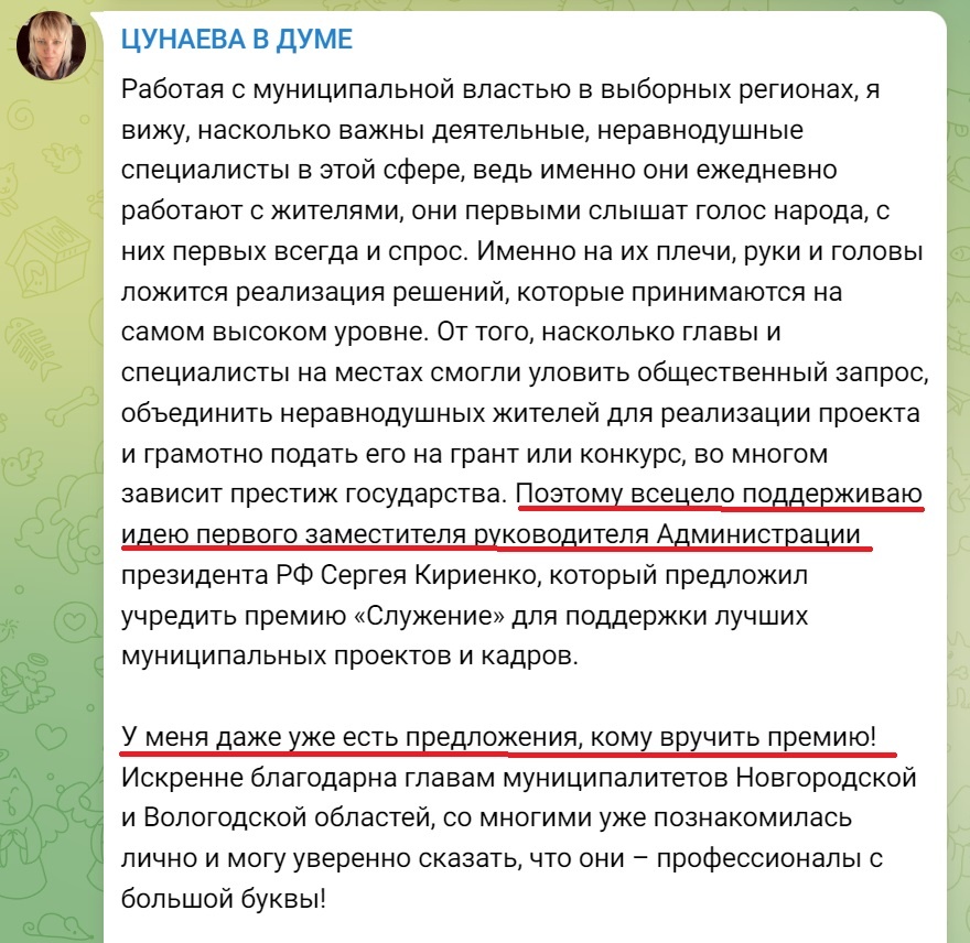 Скриншот телеграмм-канала Елены Цунаевой. Источник: t.me/s/e_tsunaeva