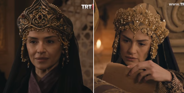 Кадры из сериала: "богатые" головные уборы супруги султана похожи на кокошники