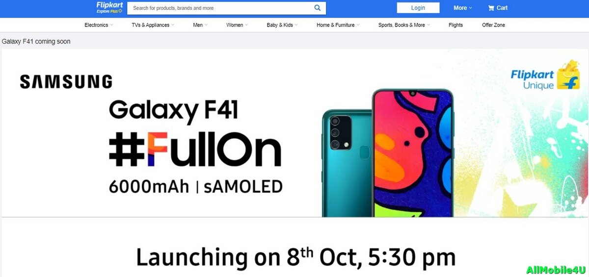 Анонс Samsung Galaxy F41 на портале Flipkart.