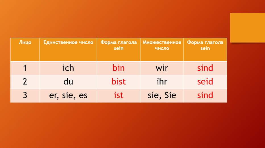 Спряжение глагола sein в немецком.