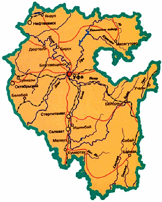 Карта башкирии с городами и дорогами