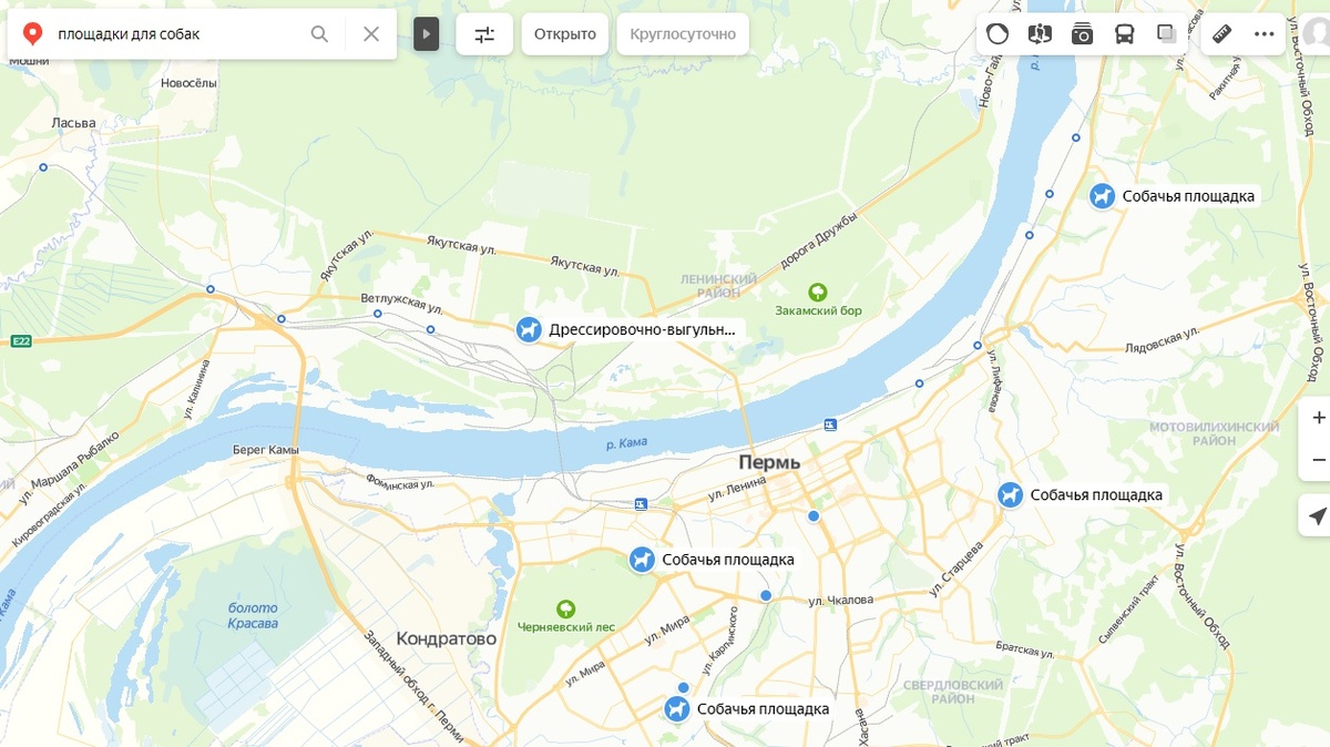 На карте показаны площадки для собак.
