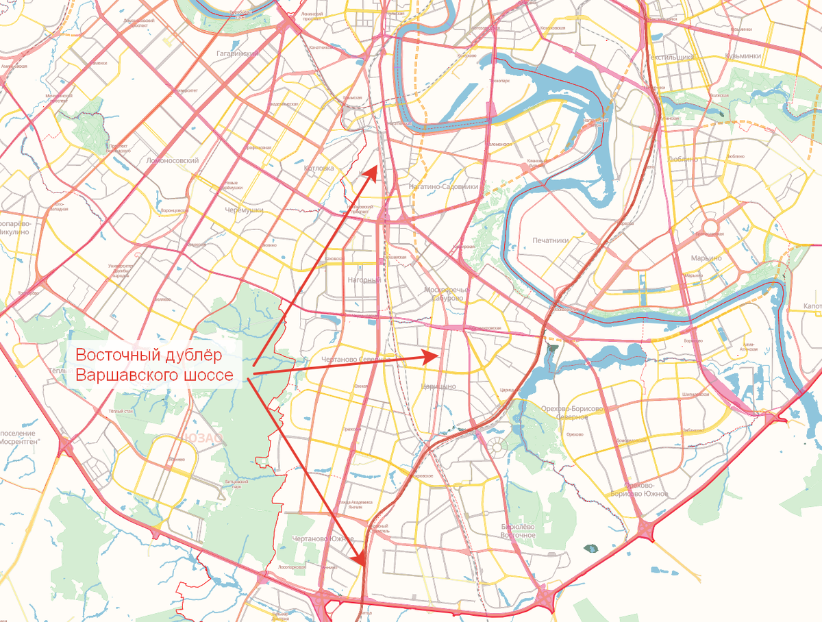 Восточный дублёр Варшавского шоссе на Генеральном плане г. Москвы до 2025 года.