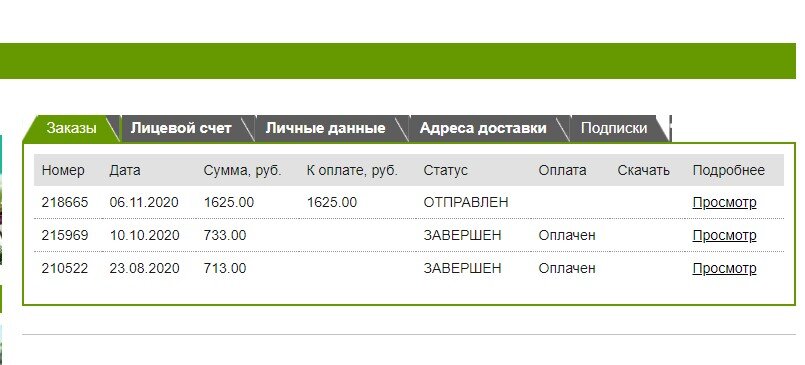 Скрин из личного кабинета.