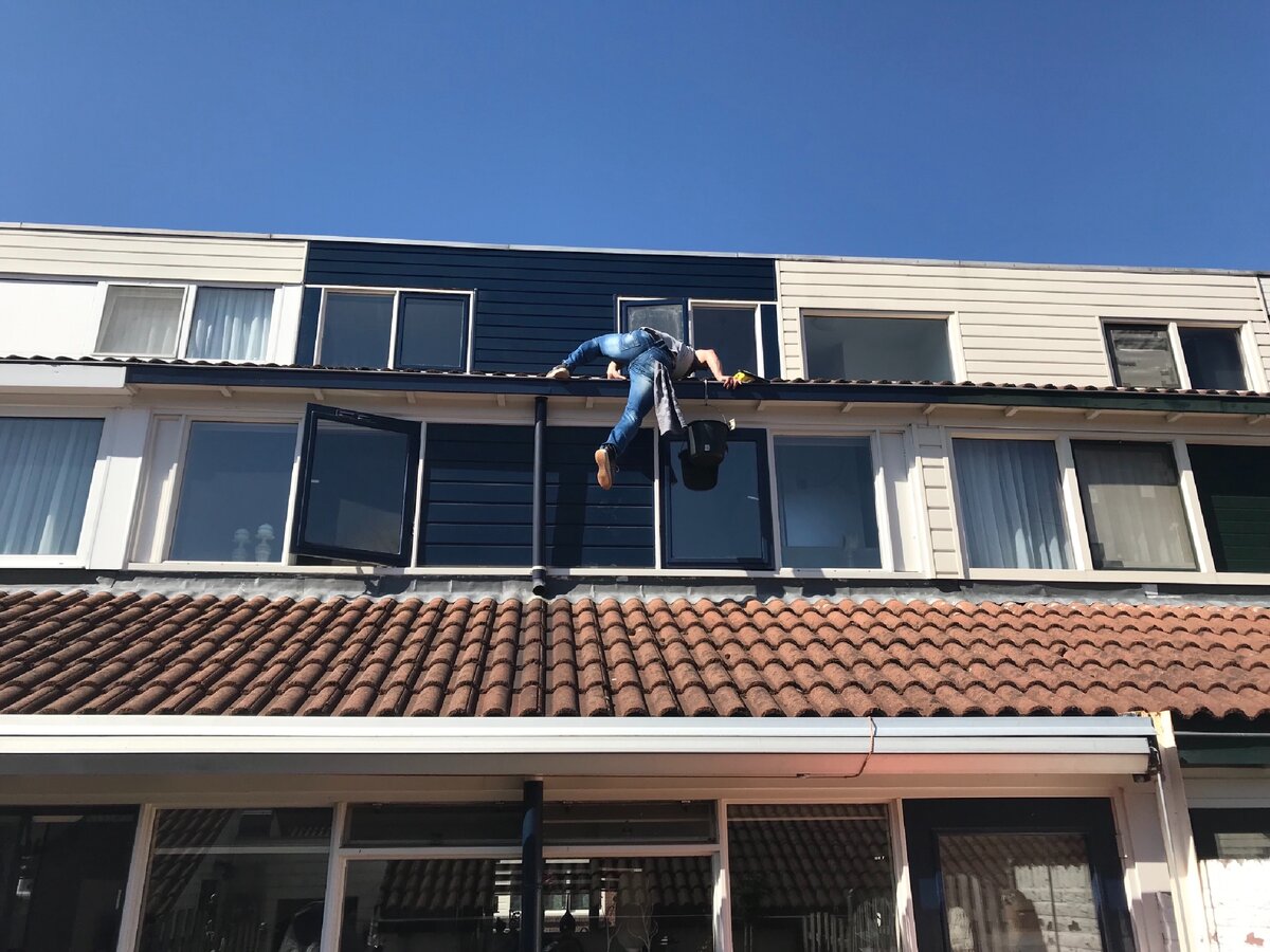 Спускается с крыши третьего этажа на второй. Фото автора