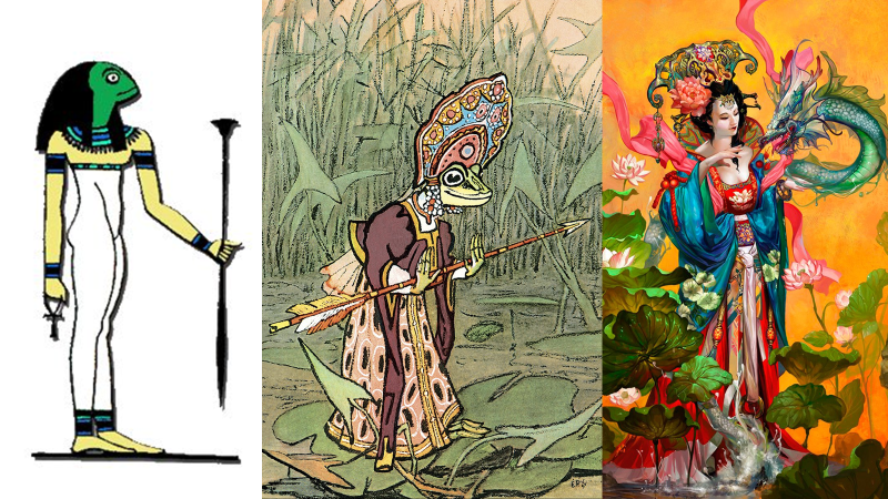 Хекет, Царевна-Лягушка (иллюстрация Рачёва), Нюй-Ва. Коллаж автора.