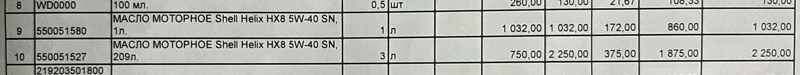 поз. 10 "Масло моторное Shell Hellix HX8 5W-40 SN, 209 л" - 3 л.; поз. 9 "Масло моторное Shell Hellix HX8 5W-40 SN, 1 л"