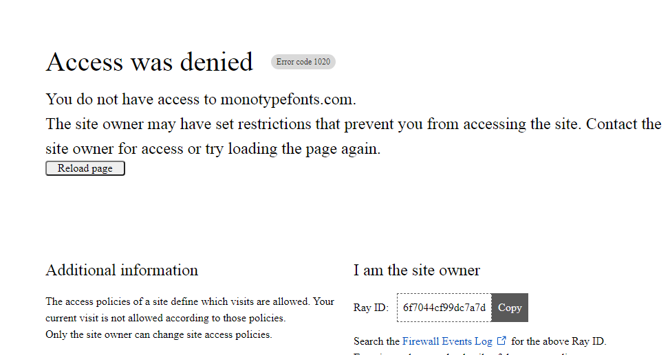 Страница с запретом доступа из РФ на сайте www.Monotype.com 