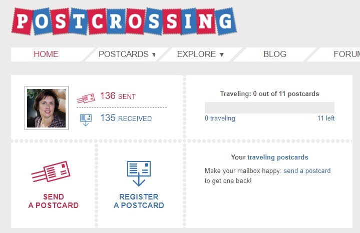 Это мой второй аккаунт, который я открыла после перерыва в официальном посткроссинге, поэтому так мало отправленных и полученных. Здесь можно увидеть, что сейчас у меня нет путешествующих открыток, так что я могу вытянуть 11 адресов. 
