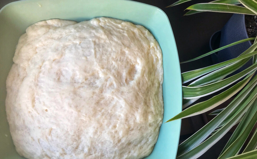 Тесто поднимается и, в идеале, будет немного похоже на тесто для фокаччи, будет дрожать и переливаться, если миску трясти)