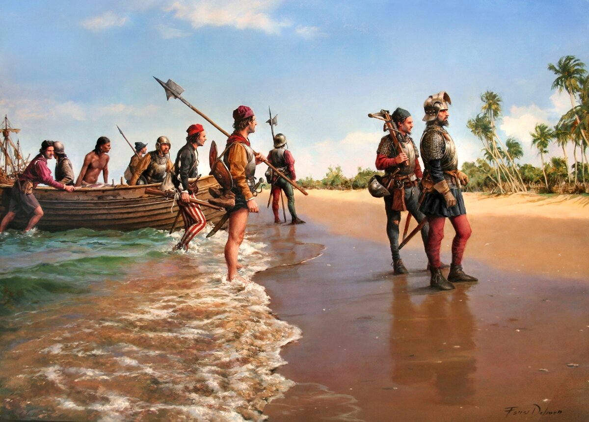 Конкистадоры в начале XVI века. Иллюстратор: Augusto Ferrer-Dalmau