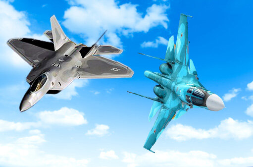 Самолеты су-34 и F-22 в небе