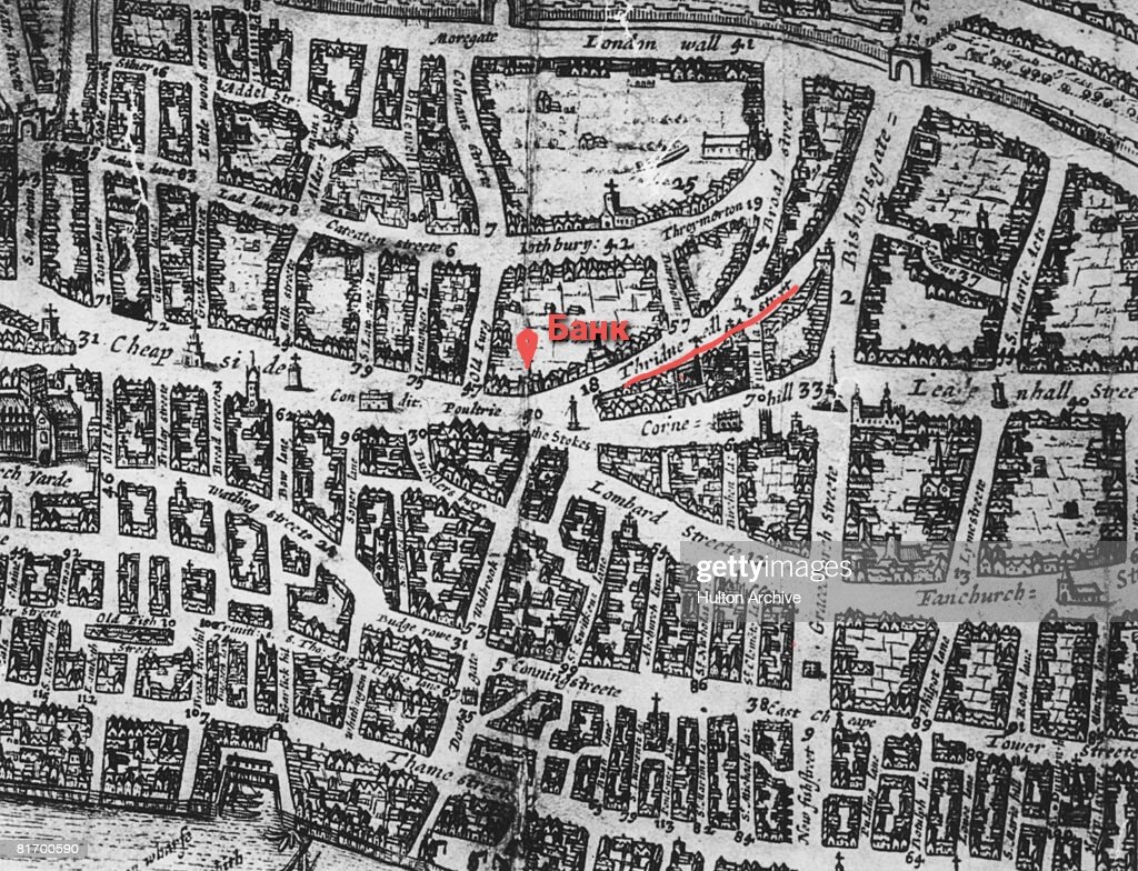 Threadneedle st. (Thridneedle в старом написании). Карта примерно 1600 года. Источник: Getty Images.