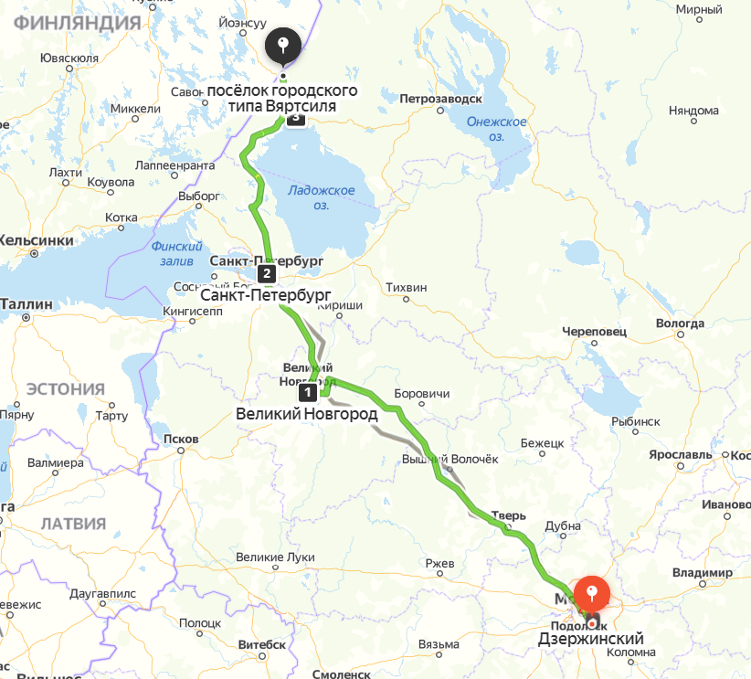 Карта маршрута Дзержинский - Великий Новгород - Санкт-Петербург - Хийденсельга - Вяртсиля 