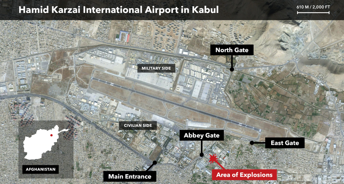Схема кабульского аэропорта. Красным отмечено место терактов. https://www.voanews.com/south-central-asia/kabul-airport-attack-kills-wounds-more-100#&gid=1&pid=2