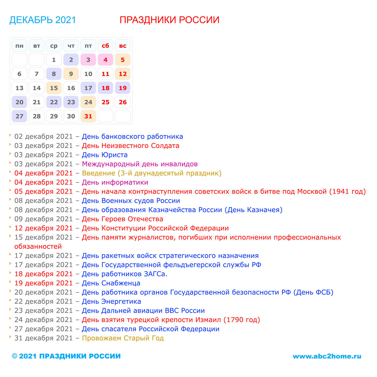 Праздники России в декабре 2021 | ABC2home.ru | Дзен