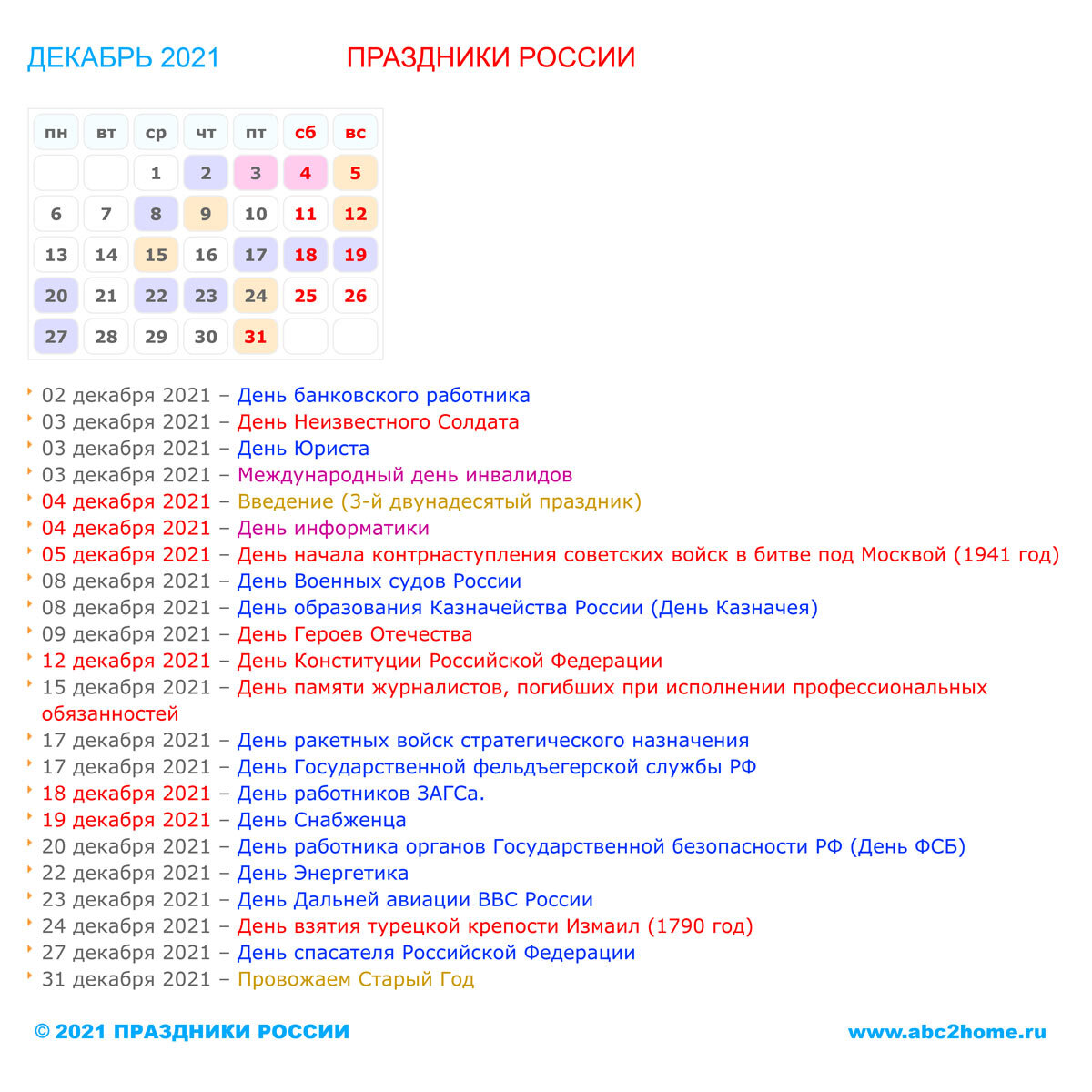 Праздники России в декабре 2021 года