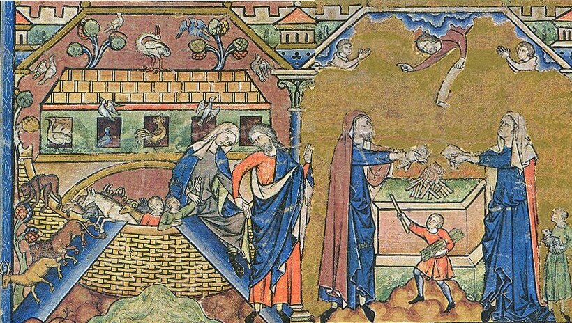 Книжные миниатюры из Библии Людовика IX, XIII век. Окончание потопа. Бог заключает Завет с Ноем. Фото из открытых источников интернета.