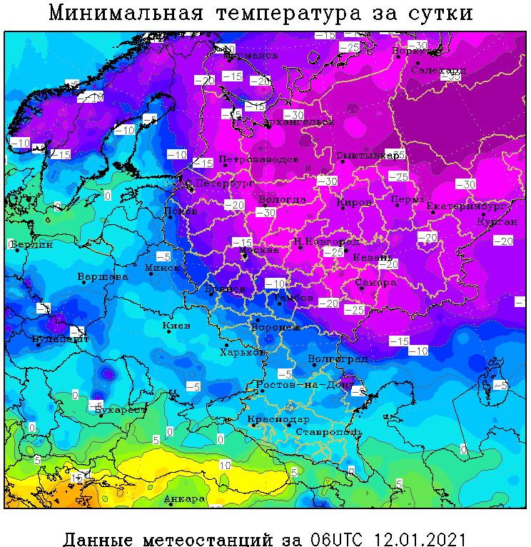 
Минимальная температура ночью 12.01.2021
Источник – Meteoweb.ru