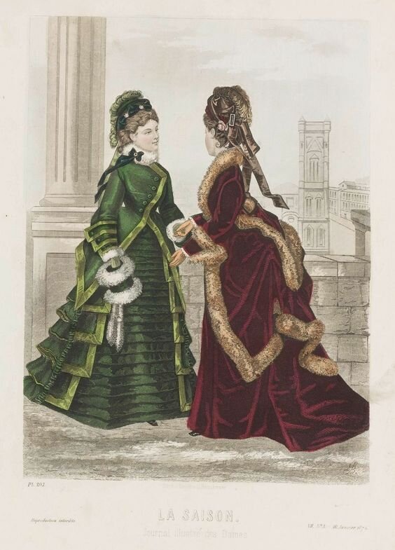 Тёплое платье и шубка, отделанная мехом, примерно 1874 год.