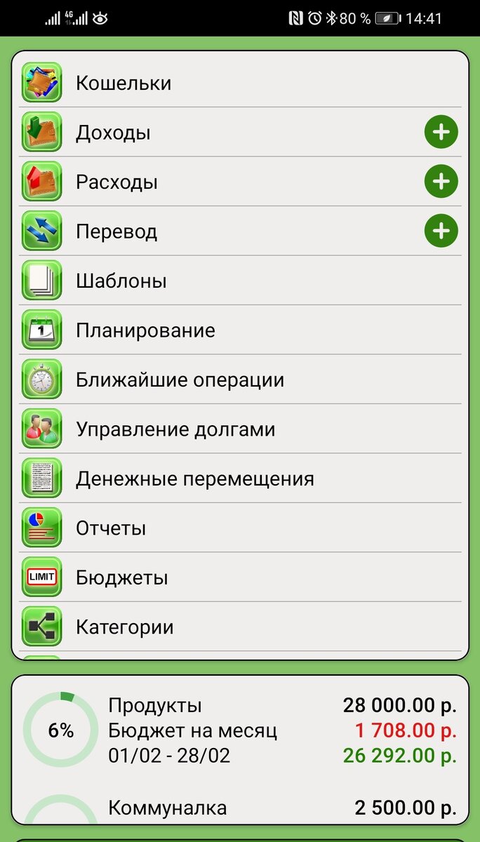 Пример бюджета на месяц