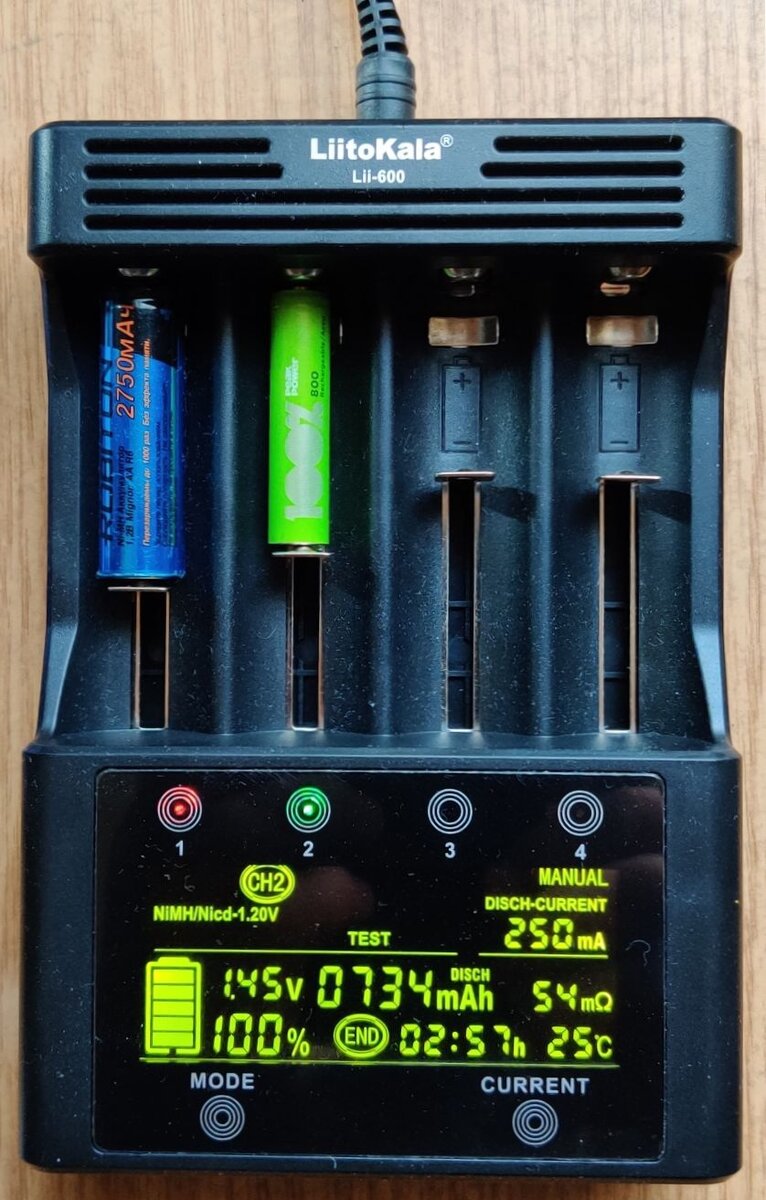 Во втором слоте установлен не очень новый NiMH аккумулятор (ААА) с заявленной ёмкостью 800 мА/ч. Прогон аккумулятора в режиме "Тест" выявил ёмкость аккумулятора 734 мА/ч, внутреннее сопротивление - 54 мОм, что очень даже неплохо.