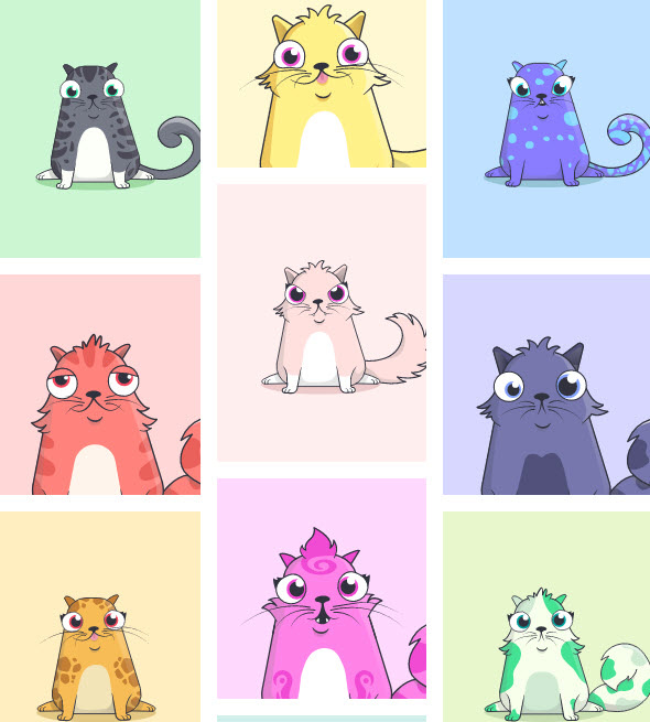 Вот так выглядят криптокотята, с виду простые картинки но их стоимость, в десятки раз выше чем у живых кошек.