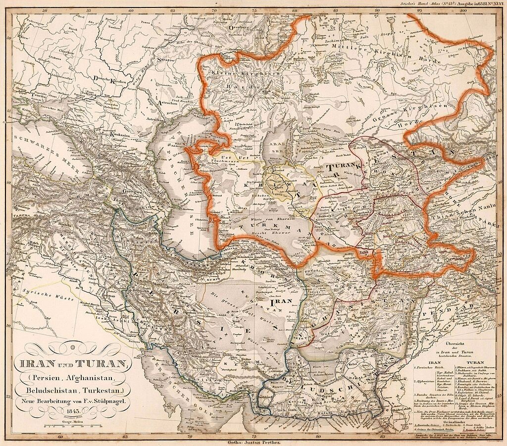    Немецкая «Карта Ирана и Турана», датированная 1850 годом (cc) Map by Stieler, 1843. Iran and Turan