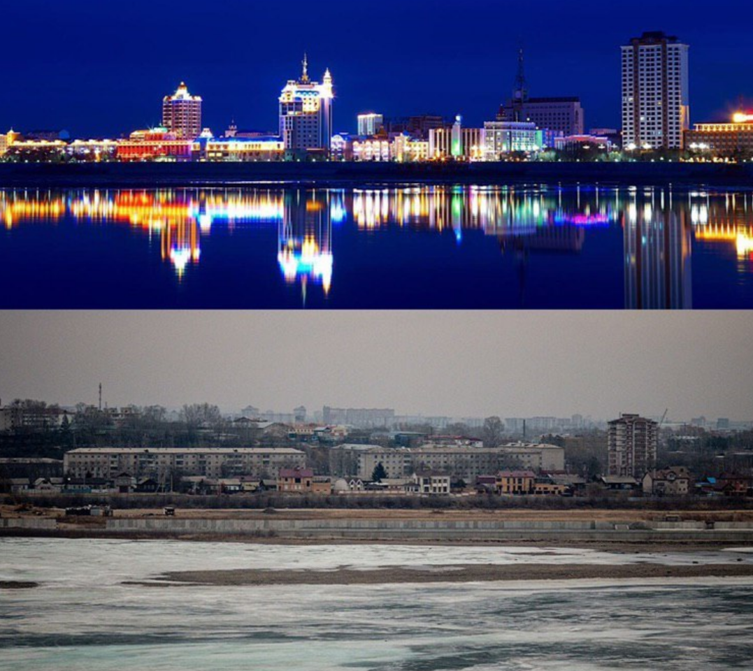 Два типа городов. Благовещенск и Хэйхэ. Граница Благовещенск Хэйхэ. Благовещенск набережная Хэйхэ. Благовещенск набережная Хэйхэ 1986.