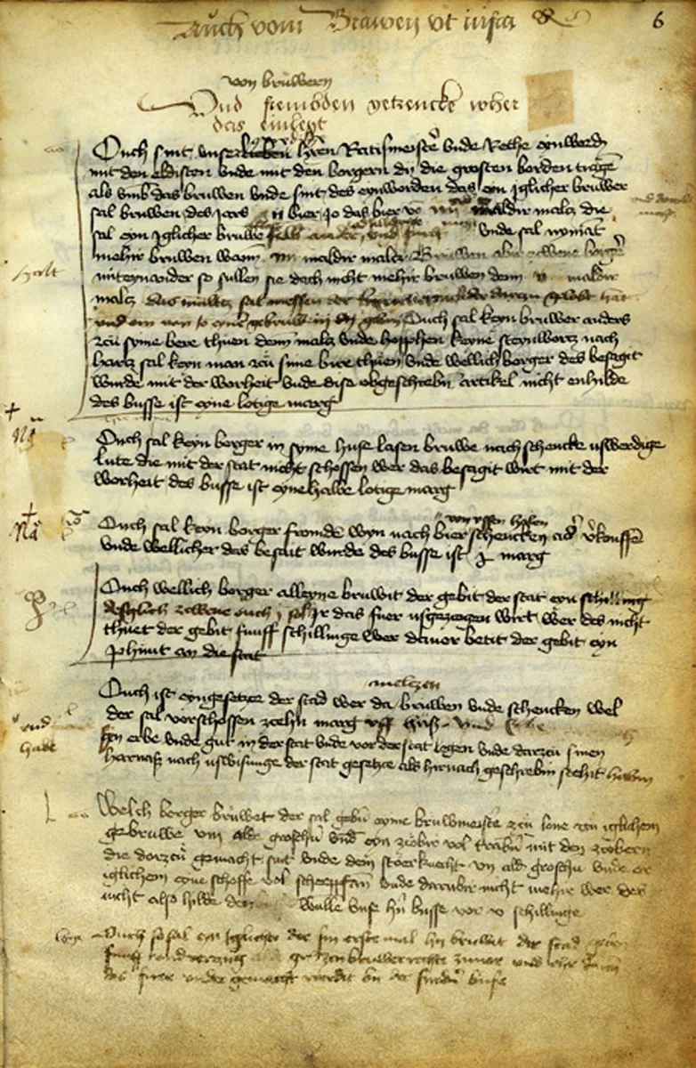 Текст закона города Веймар от 1348г. о производстве пива только из воды, ячменя и хмеля (источник фото - historisches-lexikon-bayerns.de)