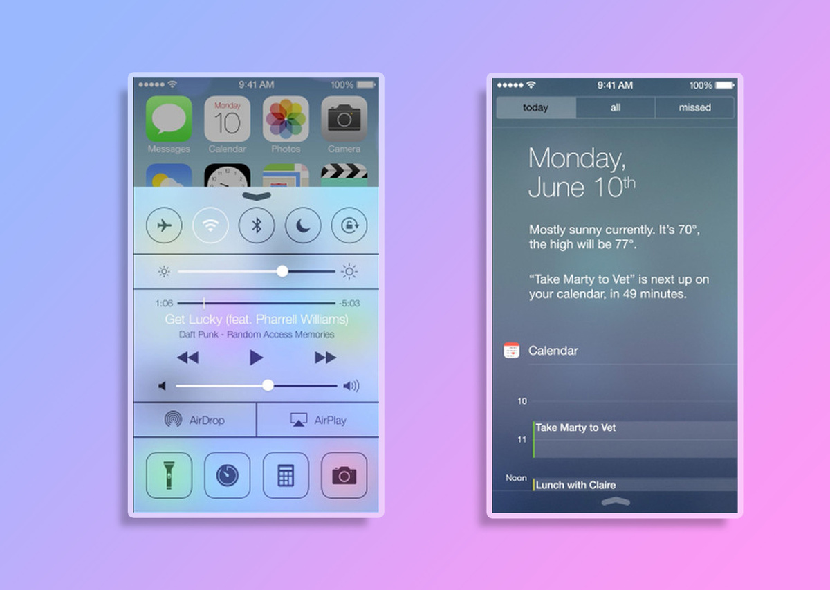 Основными представлениями этого стиля в дизайне IOS 7 стали так называемые "шторки".