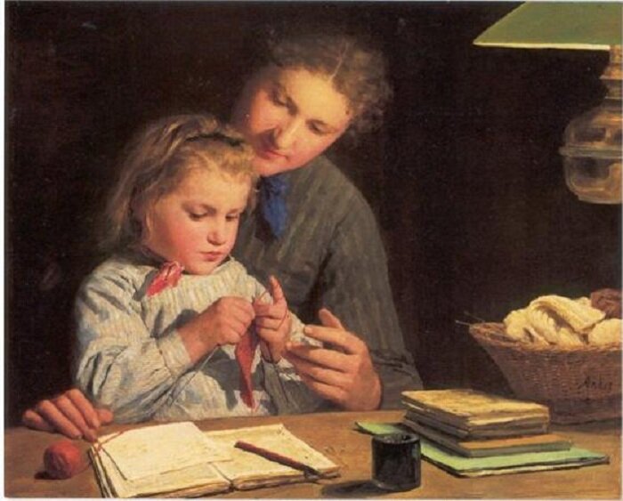 Урок вязания. Автор: Albert Samuel Anker.