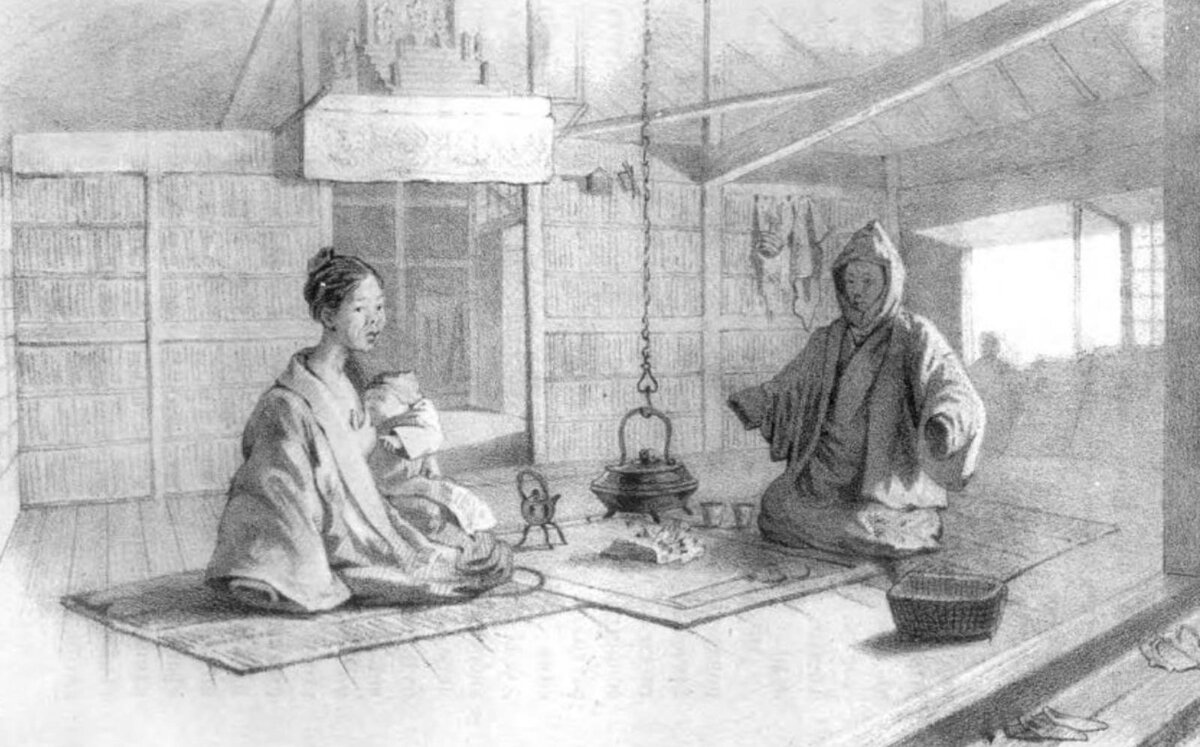 Обед японской семьи. Рисунок Алексея Вышеславцева. Источник: wikipedia.org