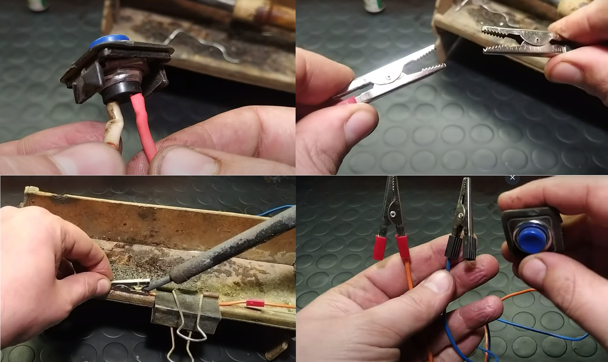 Дальше все просто спаял провода к зажимам а между ними была подключена кнопка. В итоге получилась вот такая простенькая самоделка.