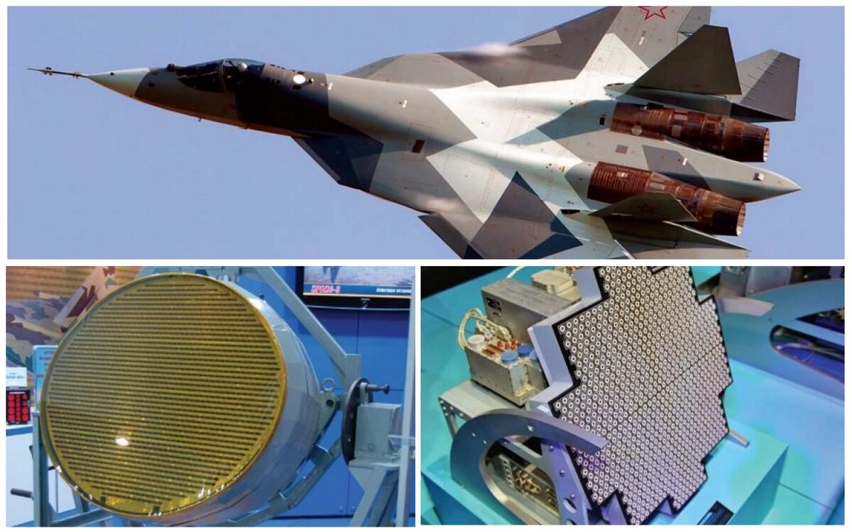 Слева-направо: РЛС Н036 "Белка" истребителя Су-57 и перспективный РОФАР 