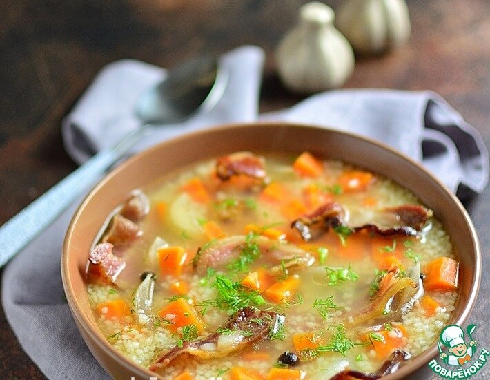 Морковный суп с кускусом и копченой грудинкой, с чесночно-копченым ароматом, согревающий и сытный!