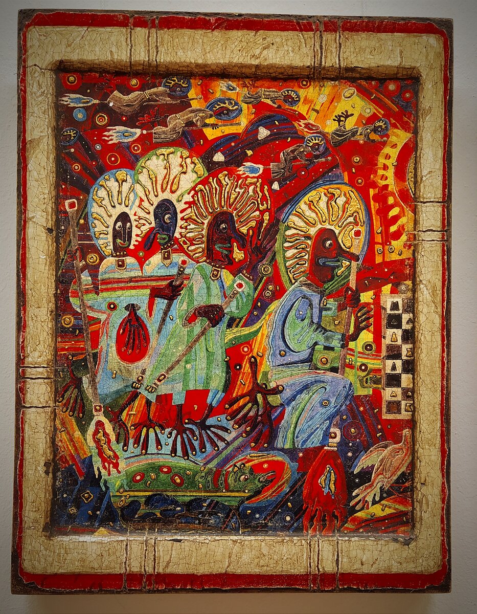 Д.Н. Санджиев, Шахматный поединок(левая часть диптиха), 2006 г.(дерево, левкас, авторская техника). Листайте галерею.