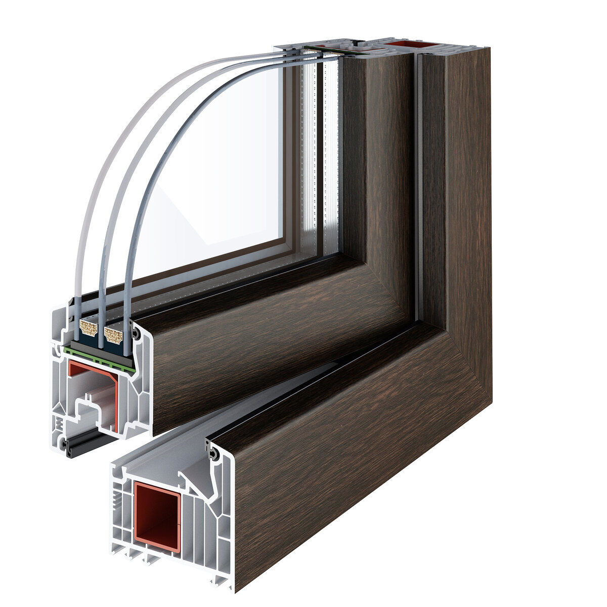 Разрез профильной системы ПВХ Veka Softline 70. Количество камер рама/створка - 7/6. Монтажная глубина 82 мм.