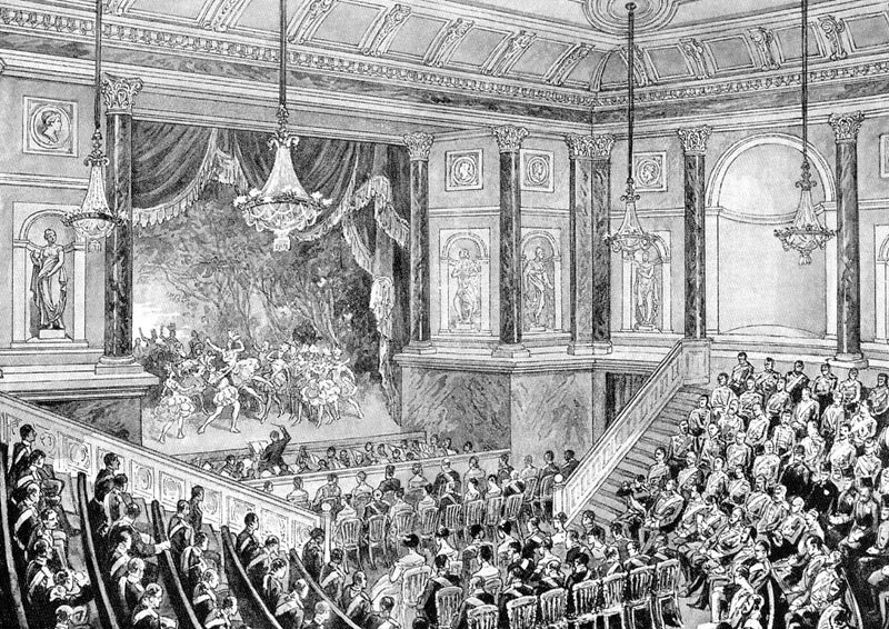 Зал Эрмитажного театра в день парадного спектакля в честь прибытия персидского шаха 13 мая 1889 г. Рис. К. Брожа