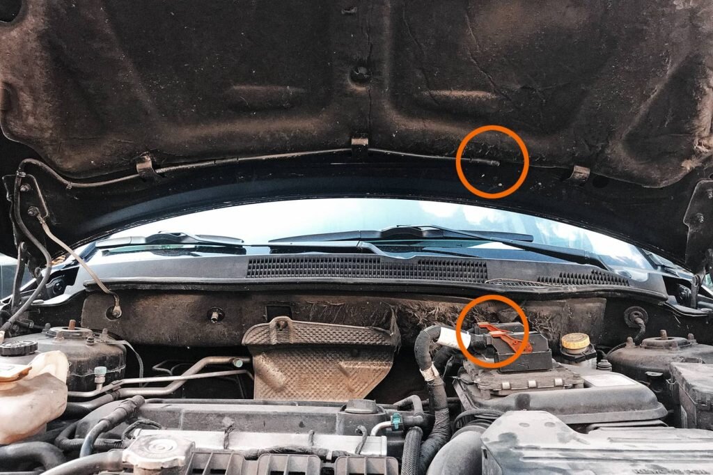 Форсунка омывателя Додж Калибр прямо над блоком управления двигателем