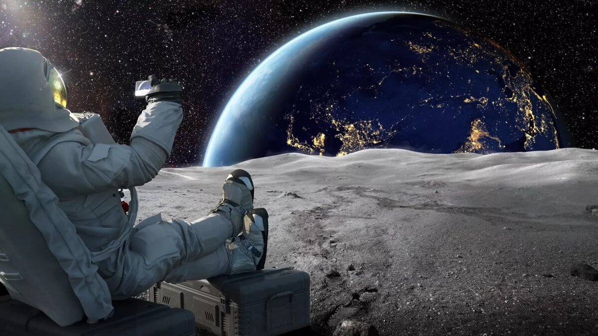 сколько времени требуется, чтобы долететь до Луны? Иллюстрация художника, изображающая астронавта, сидящего на Луне, смотрящего назад на Землю и фотографирующего нашу родную планету с помощью телефона. 