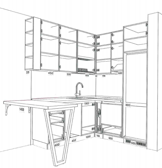 Все фасады (кроме ПММ, бутылочницы и верхнего ящика) без ручек, открываются нажатием. Высота столешницы 91 см.