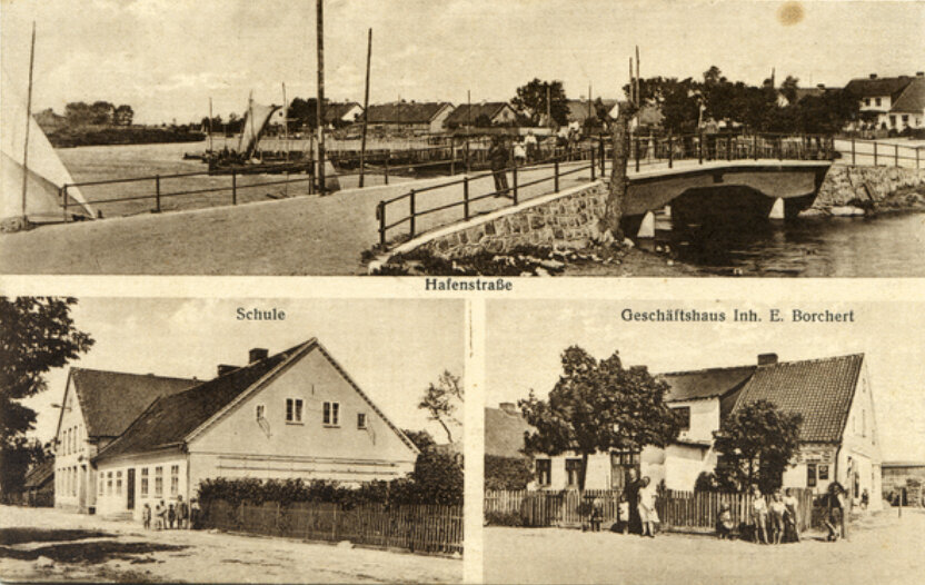 Почтовая открытка, 1920 е годы. Шааксвитте, Хафенштрассе, школа, торговый дом (магазин) Е. Борхерта.