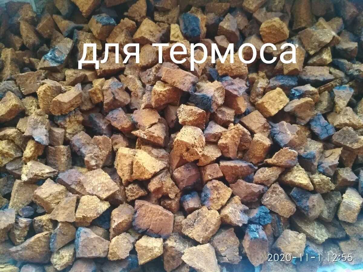 Куски чаги 2х2см, идеально подходят для заваривания в термосе