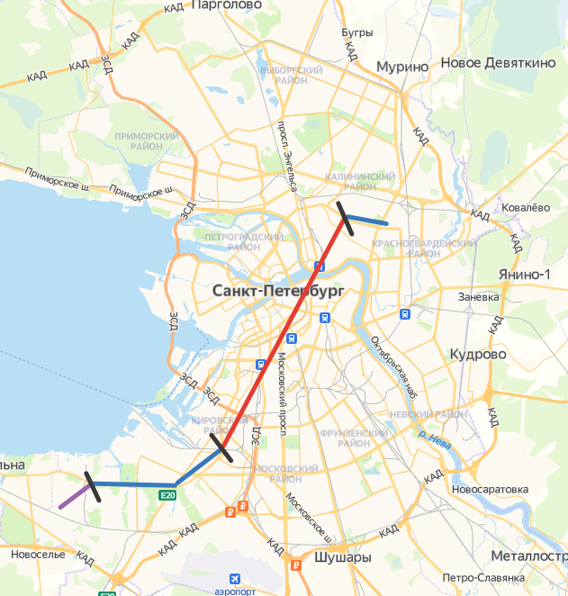 Схема передвижения до работы и обратно. Фиолетовый-пешком, синий-трамвай/троллейбус, красный-метро.