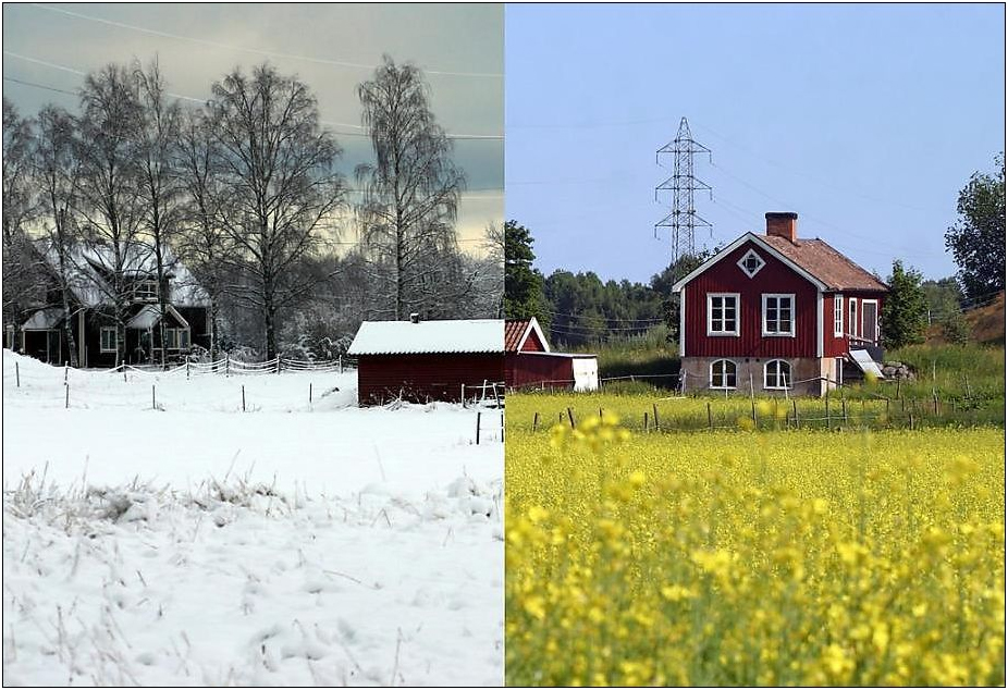 Зимой и летом. Дом зимой и летом. Дом в разные времена года. Домик летом и зимой.