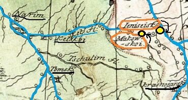 Енисейск и Маковский острог на карте 1734 года, предположительно Г.Ф. Миллера. Синим цветом обозначены реки Обь – слева, Кеть – в центре, Енисей – справа, а также подчёркнуты чёрным цветом: Нарым, Кетский острог, Томск и Красноярск (карта взята из открытых источников)