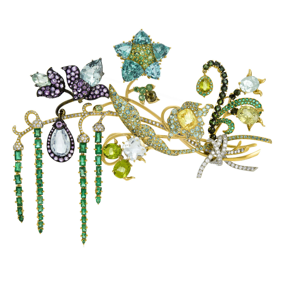 Брошь JAR «Разноцветный букет» из 18 к желтого золота и серебра с изумрудами, зелеными бериллами, аметистами, желтыми сапфирами, аквамаринами, зелеными турмалинами, зелеными гранатами, перидотами, бесцветными и желтыми бриллиантами, 1990 год, эстимейт 150−250 тысяч долларов