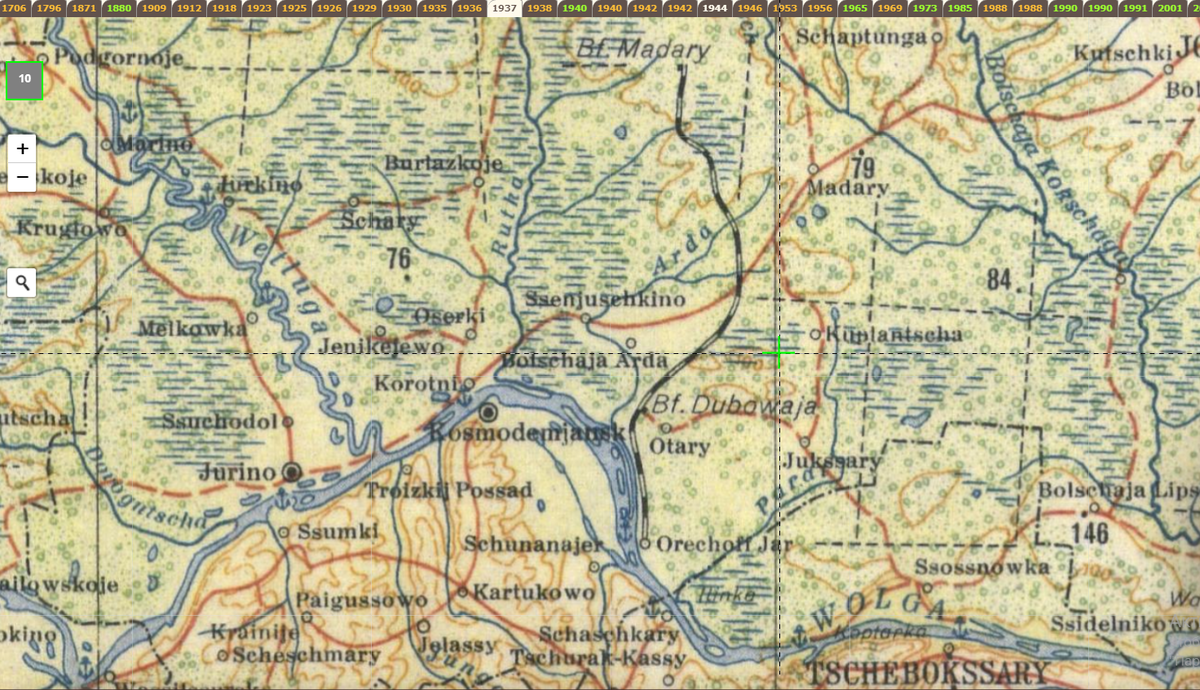 Дубовская ж/д на немецкой карте 1937 г. Скрин retromap.ru/m/#_1419377_z10_56.383183,47.007502